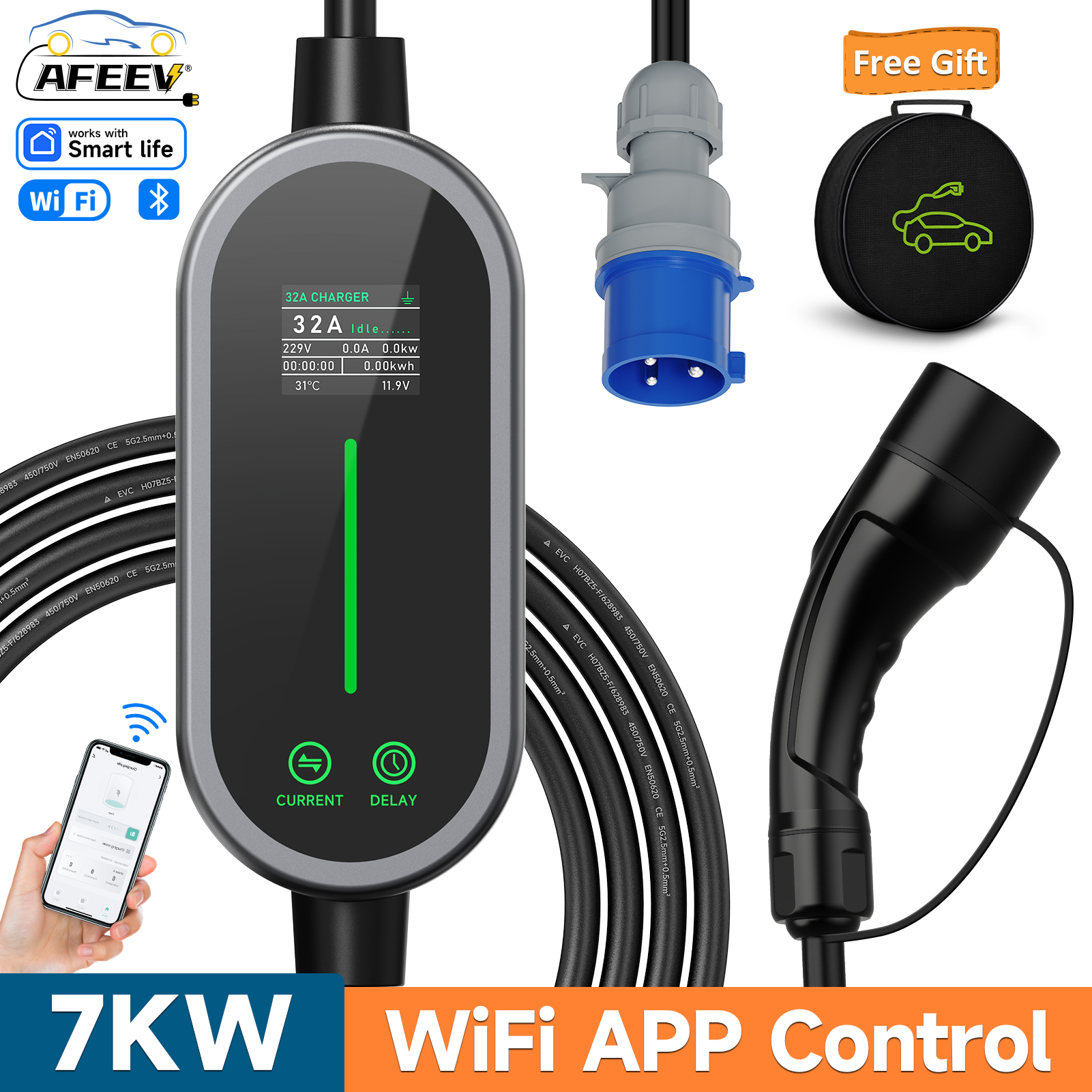 AFEEV 7KW 32A 1 相ポータブル EV 充電器タイプ 2/タイプ 1/GBT EVSE 高速充電ケーブルウォールボックス CEE プラグ WiFi アプリ Bluetooth 制御