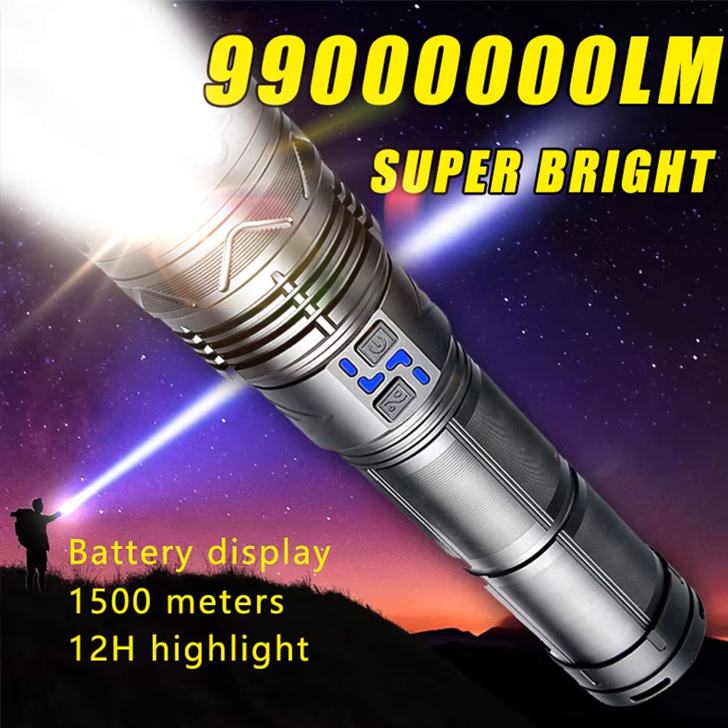 99000000LM 超高輝度 LED 懐中電灯 100 ワット GT60 長距離強力トーチ Type-c 充電式屋外懐中電灯電源表示