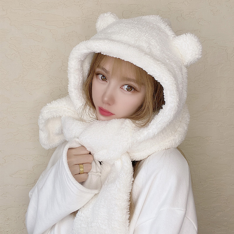 秋冬の女性向けの厚くて愛らしい小さなクマの帽子、スカーフ、手袋のセット、暖かいぬいぐるみの帽子、傷跡の完全なセット