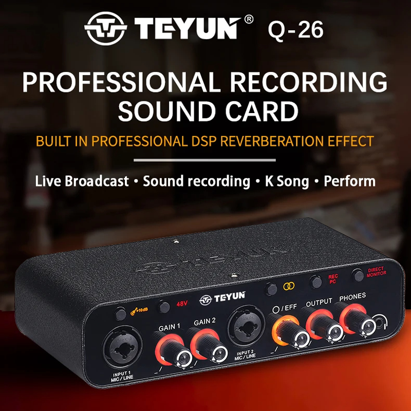 2024 TEYUN Q26 2 チャンネルプロフェッショナルポータブルオーディオインターフェイスサウンドカードコンソールミニ USB ミキサーギターレコーディングスタジオ Q24
