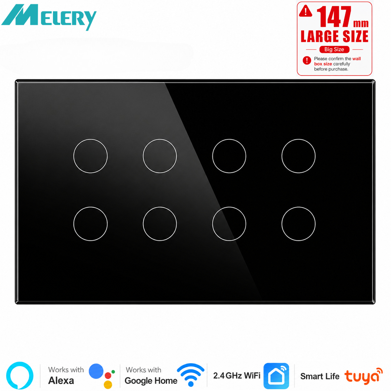 Melery Smart WIFI Touch Light Wall Switch Interruptor Glass Panel 147mm Remote by Tuya SmartLife Alexa Google Home Assistant