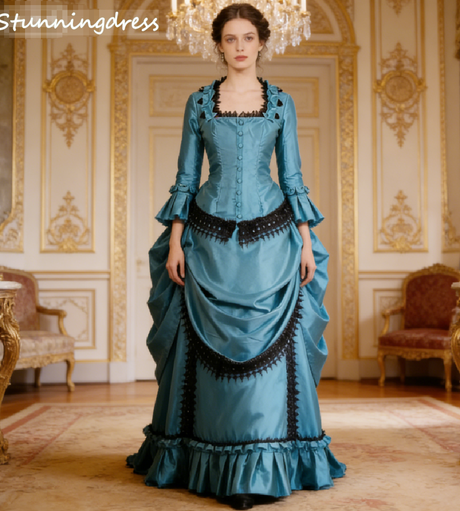 1880 年代フレンチ ティール バッスル イブニング ドレス ブラック レース ベル スリーブ フリル ビクトリア朝 19 世紀 サテン プロム ドレス コスチューム