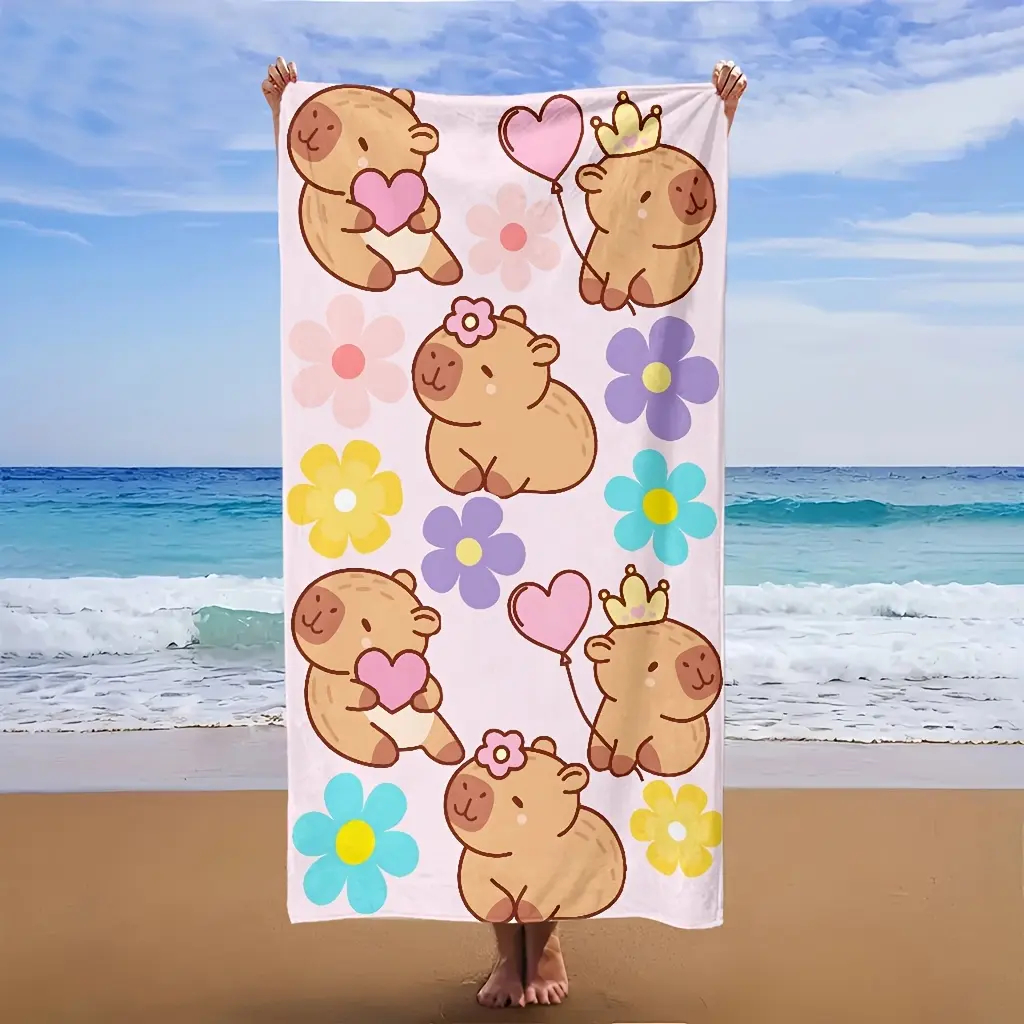 かわいいカピバラビーチタオルフラットプリントピンク花柄バスタオルソフトマイクロファイバー子供女の子旅行プールピクニックブランケットギフト