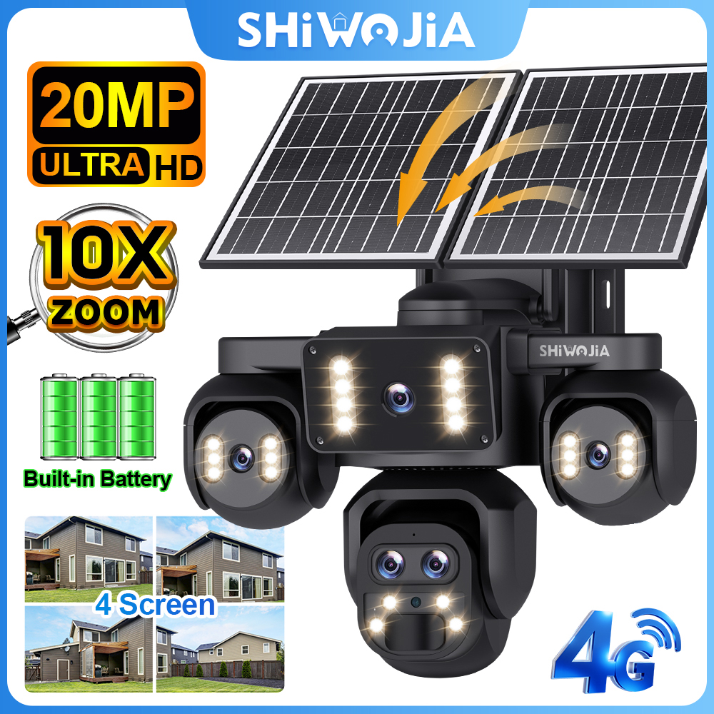 SHIWOJIA 20MP 10X ズームカマラソーラー 4G SIM 5 レンズ 4 スクリーンセキュリティ保護 360° 自動追跡ホーム監視システム