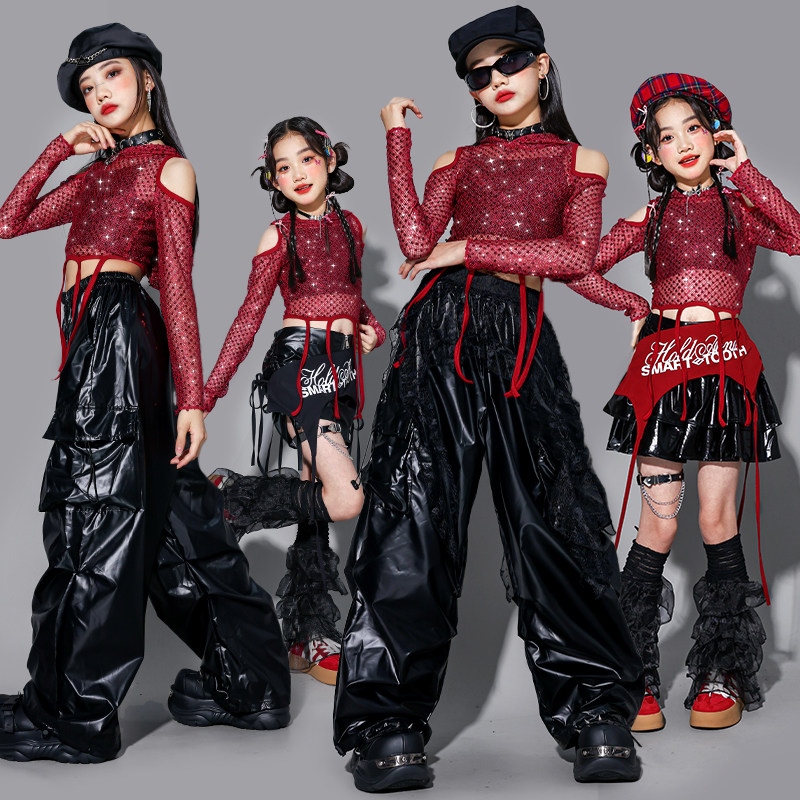 女の子赤ヒップホップ衣装赤スパンコールネットへそトップスレザーパンツスカートチアリーディングジャズダンスパフォーマンス服 Kpop BL18066