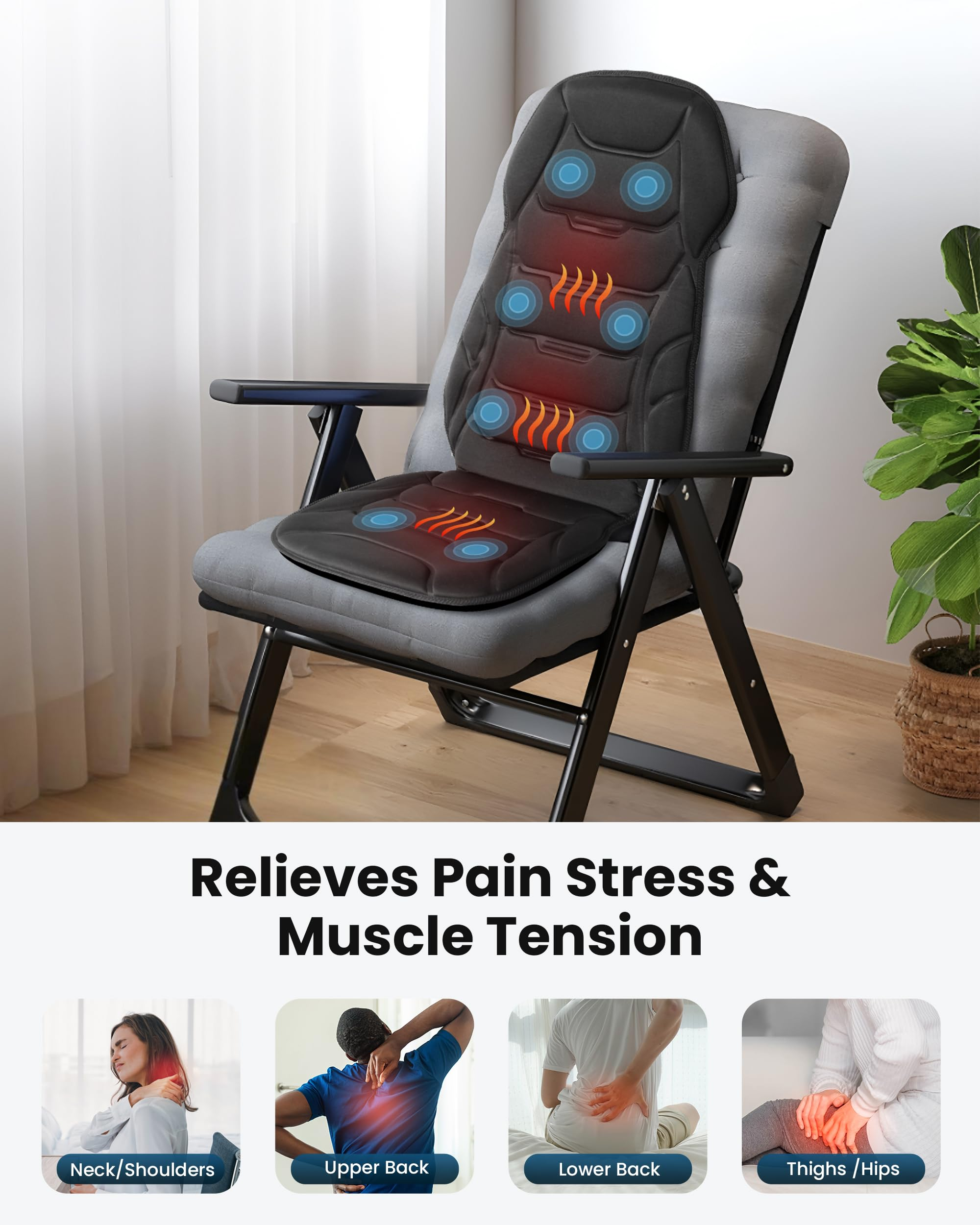 Relaxing Back Massager Seat Cushion with Heat 8 Vibration Modes for Office Chair Home Recliner Sofa Ideal Gifts for Mom Dad