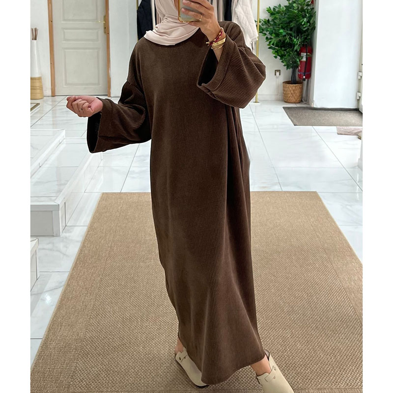 コーデュロイアバヤ冬サイドポケット付き厚く暖かいラマダンイスラム服高品質イスラム教徒の女性長袖ささやかなドレス
