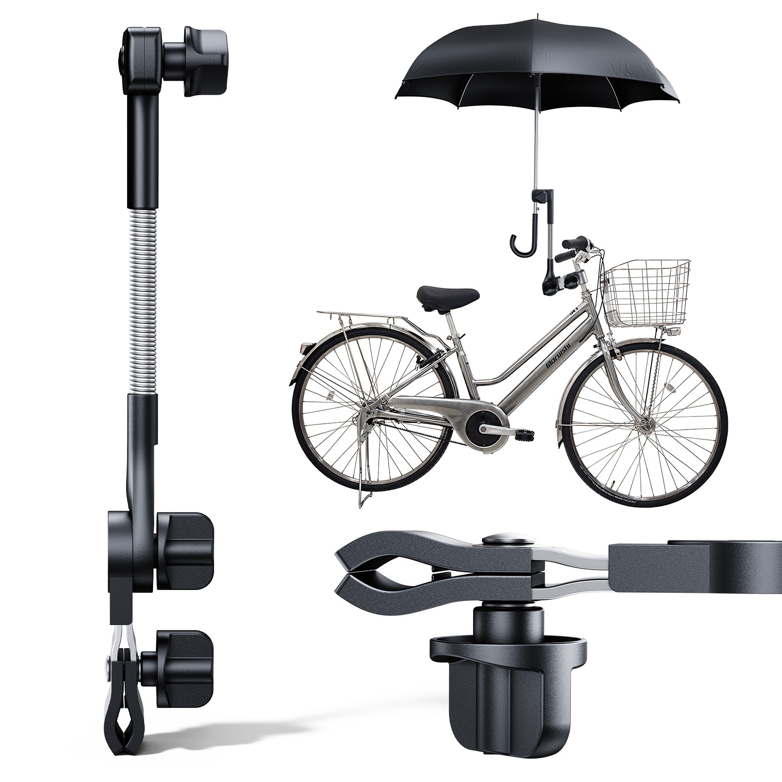 Oatsbasf ユニバーサル傘ホルダー ベビーカー用 自転車傘コネクタクリップ ハンドルバー 360° 調節可能なクランプ 車椅子用