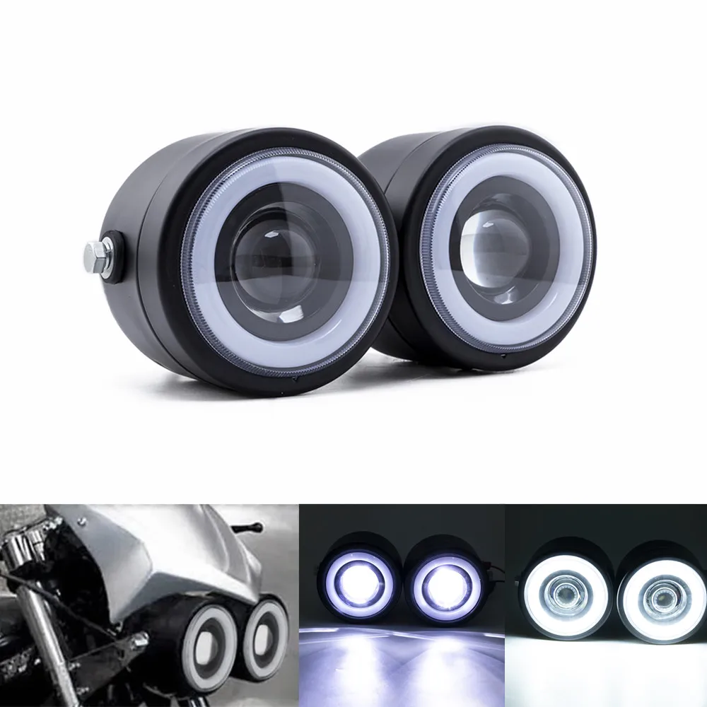 ZORBYZ ユニバーサルオートバイブラック LED ツインダブルデュアルヘッドライトホワイトエンジェルアイライトハーレーホンダカフェレーサーカスタム