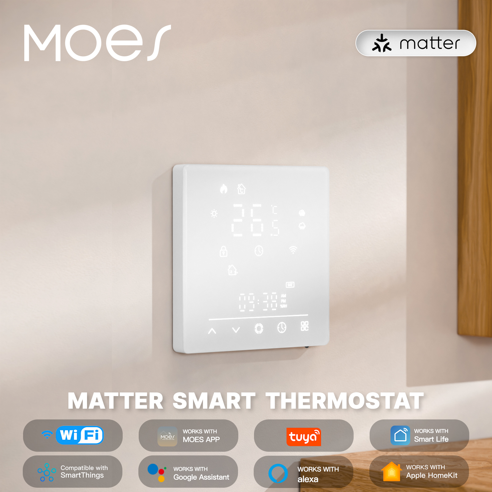 MOES Matter WiFi スマート サーモスタット温度コントローラー Tuya 給湯器電気加熱 Alexa Google Apple Smartthings