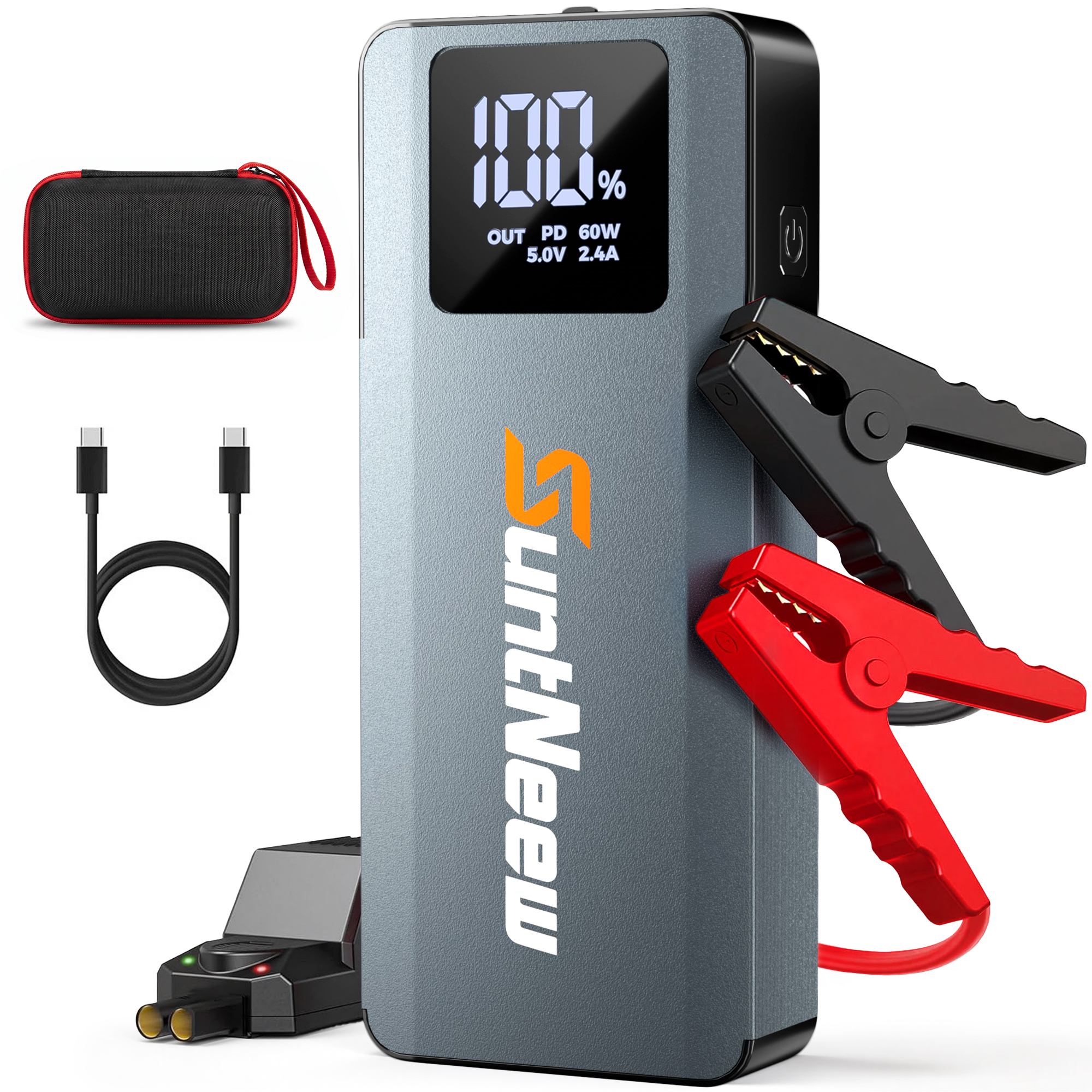 ジャンプスターター パワーバンク 16000mAh、8.0L ガソリン/6.5L ディーゼル車 (車、トラック、SUV、ATV) 用 12V 高耐久バッテリー ブースター、PD 60W 高速充電付き