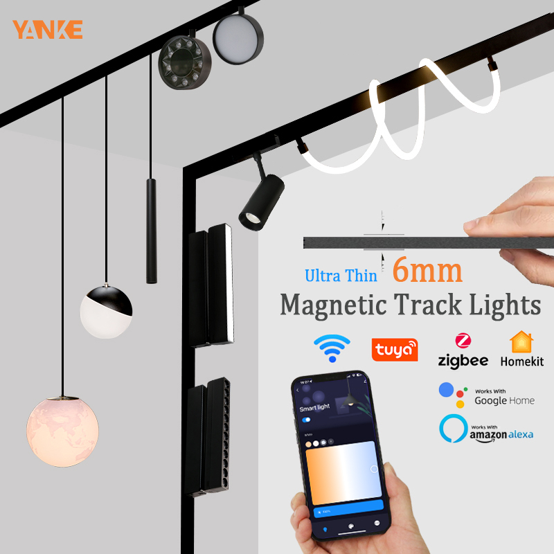 6 ミリメートル薄型スマート Tuya Zigbee 調光可能な天井面マウント磁性トラックライトシステム黒、白スリムランプ家庭用安全 DC48V