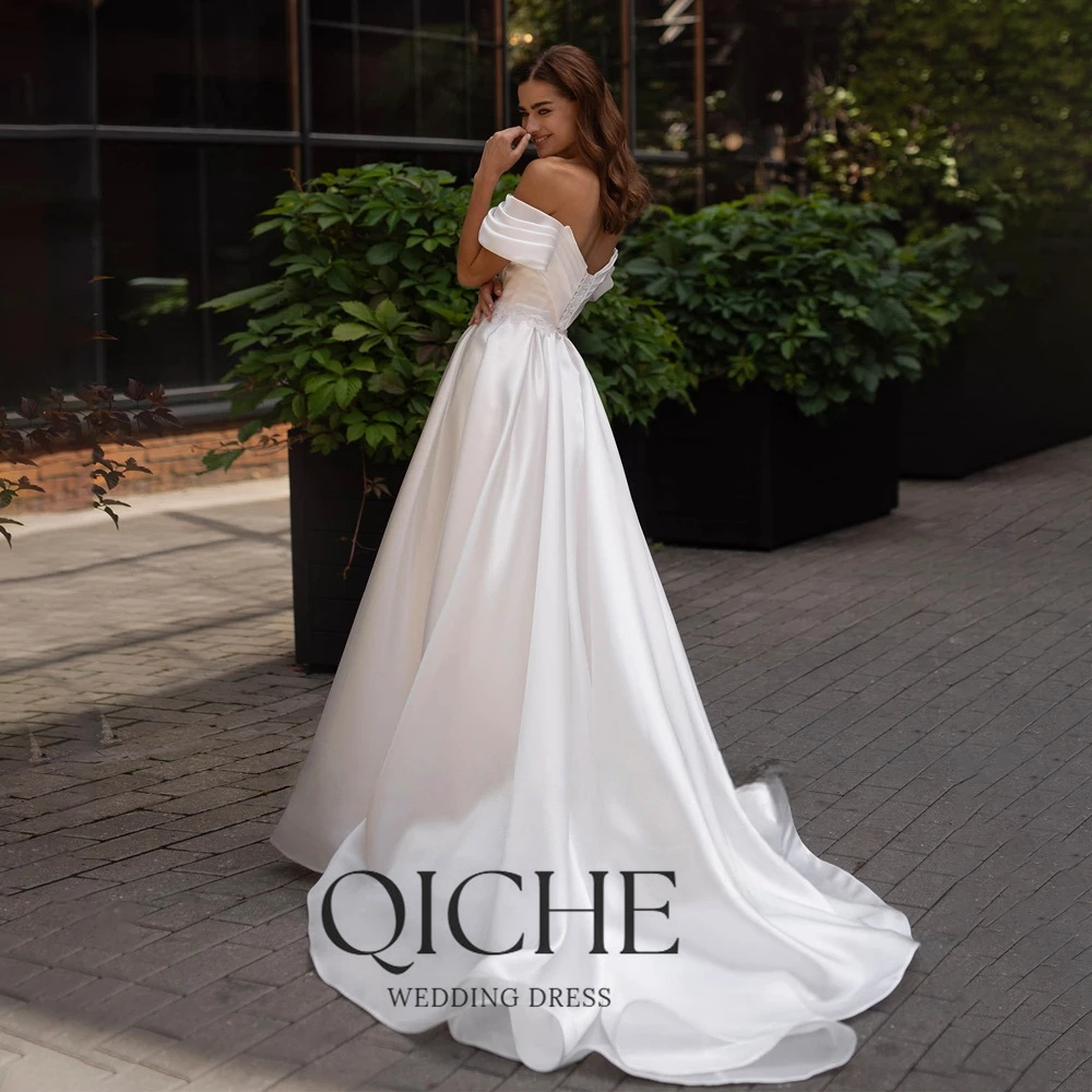 QICHE モダンサテンオフショルダープリーツフォーク A ラインのウェディングドレスの女性ノースリーブブライダルパーティードレス Vestido De Noiva Cus