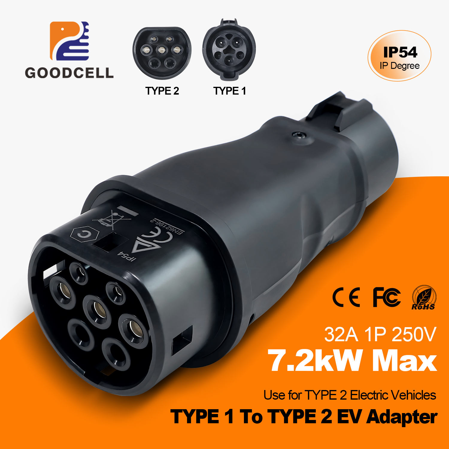 GOODCELL タイプ 1 からタイプ 2 32A 1 相 7.2kw 最大 EV 充電器アダプター J1772 から IEC62196 EV 充電器コンバーター