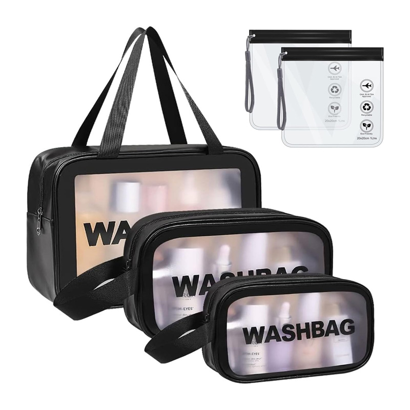 5個セット 透明トイレタリーバッグ 防水PUメイクアップバッグ ジッパーハンドル付き ポータブル空港コスメバッグ 旅行用アクセサリー 洗面用具バッグ