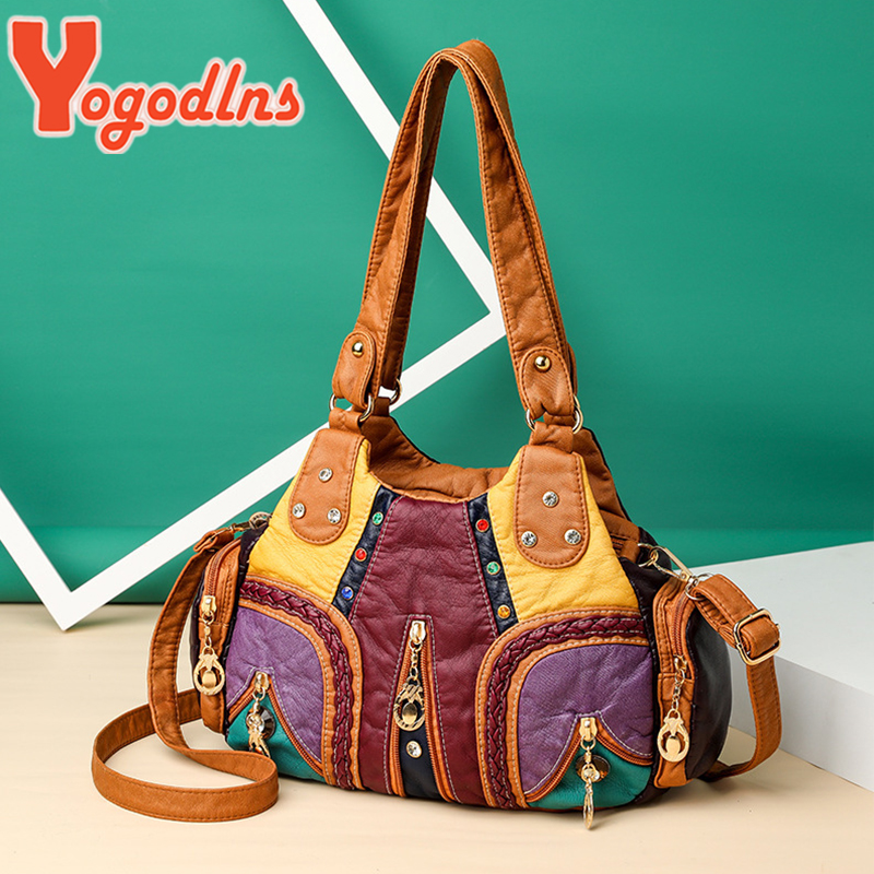 Yogodlns ヴィンテージソフト Pu レザーショルダーバッグ女性の大容量ハンドバッグファッションクロスボディバッグステッチカラーハンドルバッグ嚢