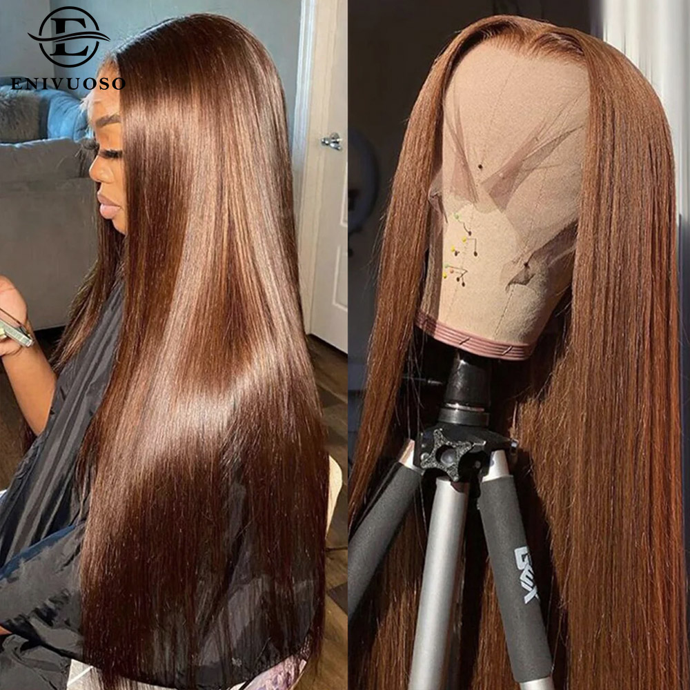 ロングストレート 13 × 4 レースフロント人工毛ウィッグベビーヘアチョコレートブラウン色のシルキーストレートレースフロントウィッグ女性のための