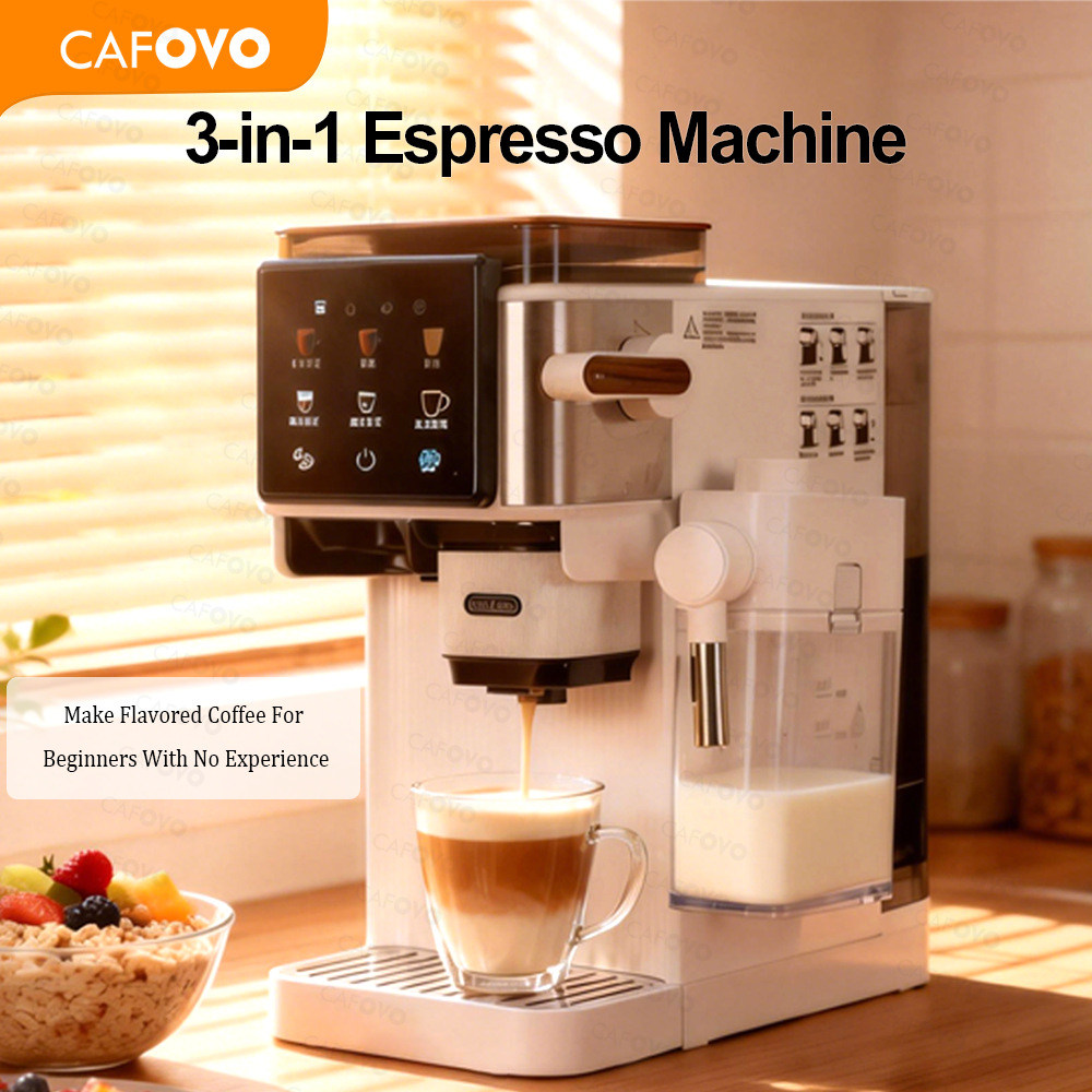 CAFOVO E151 3-in-1 エスプレッソマシン タッチスクリーンコントロールと内蔵グラインダー付き 自動ミルク泡立て器 水出しコーヒー