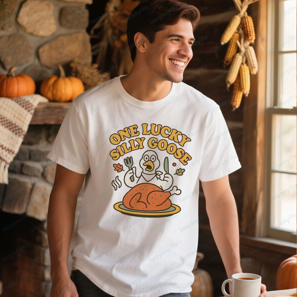 One Lucky Silly Goose Thanksgiving T-Shirt Funny Turkey Day Outfit Men Women Casual Crewneck Cotton Tee Tops Festival Costumes