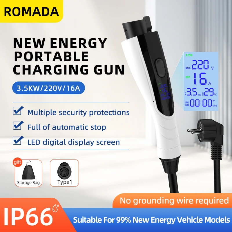 16A 3.5KW Portable EV Charger Type 1 J1772, EU Plug with 3-10M Cable, IP66 Waterproof & Display Screen for Safe Fast Charging
