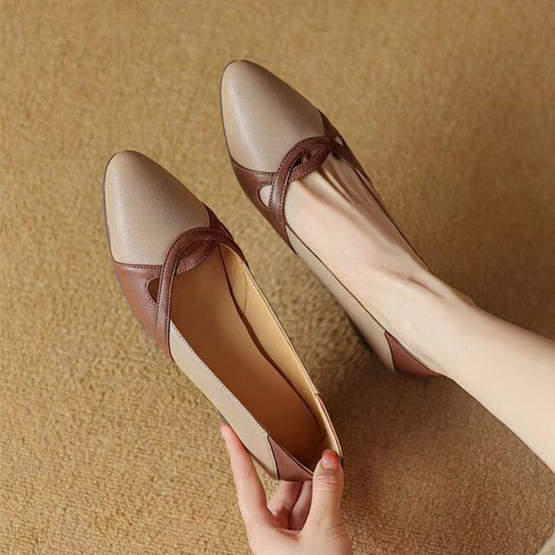Sapatos femininas 女性かわいいマルチカラー高品質スクエアヒールソフトレザーシューズレディカジュアルベージュオフィスワークヒール b209