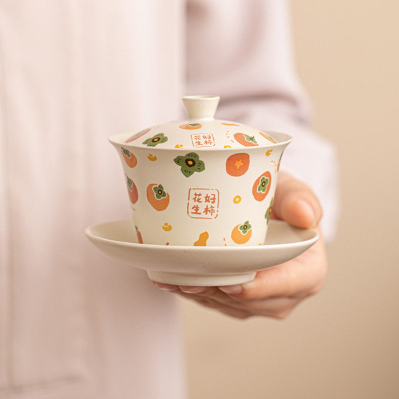 中国セラミック Gaiwan 手作り柿ピーナッツパターン茶チュリーン家庭用ティーカップ茶ボウルポータブル茶器アクセサリー