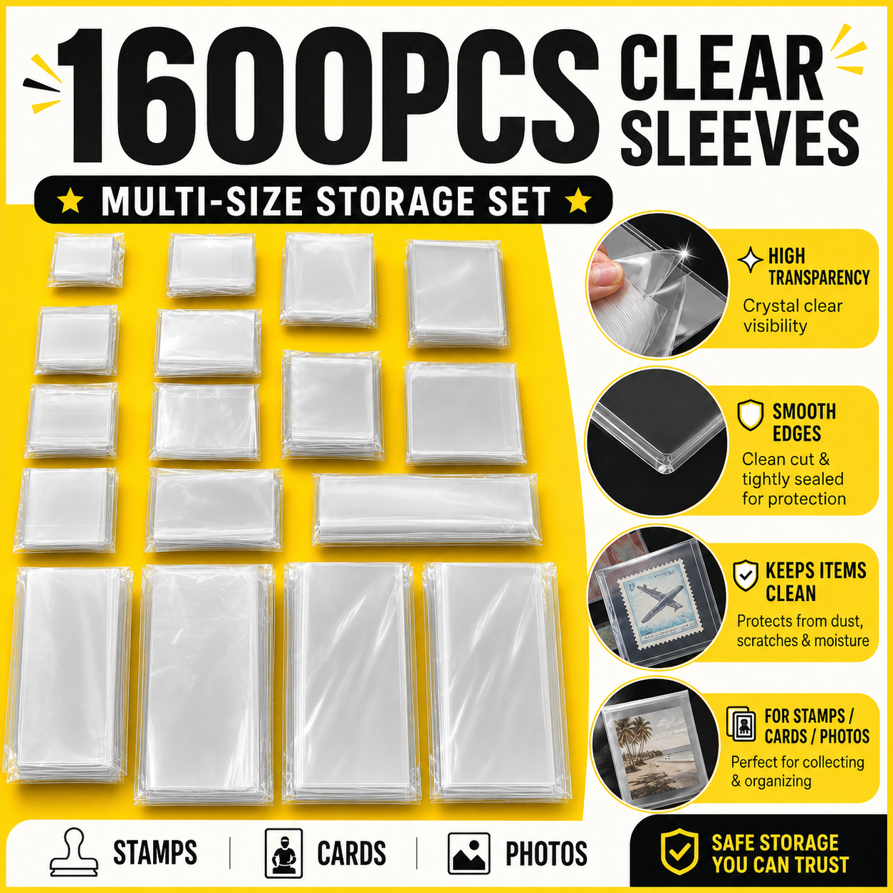 100 個クリアスタンプスリーブ 16 マルチサイズ軽量オーガナイザー収納袋セット
