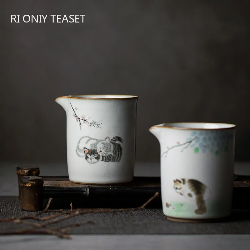 中国のレトロ Ru 窯セラミックフェアカップ茶ストレーナー手描きかわいい猫ティーカップ手作り茶注入器茶セットアクセサリー