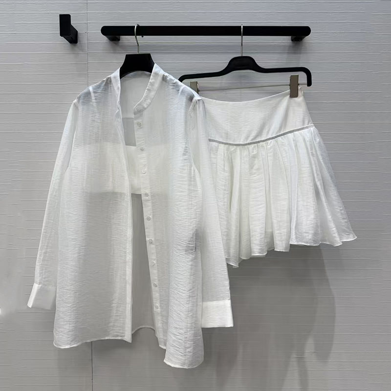Women's Strapless Top + Stand-Up Collar Shirt + Mini Skirt, Loose-Fitting Top, Pleated Puff Skirt, 3-Piece Cotton-Linen Set, y2k