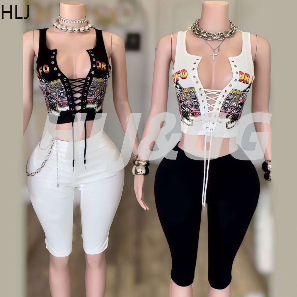 HLJ Summer Fashion Pattern Printing Two Piece Set Digital Bandage Crop Tank Top and Leggings Shorts 2 Piece Set Streetwear Lady