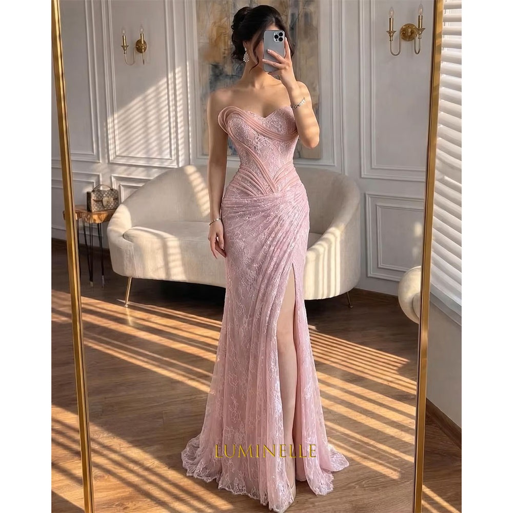 Strapless Lace Pink Evening Dresses Bodice Mermaid Ruched Empire Waist فساتين سهرة Long Party Dress for Women Customized