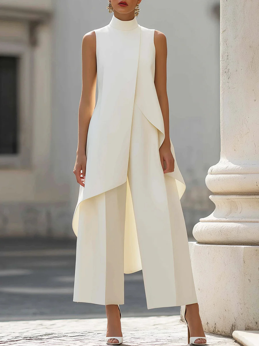 レディースマッチングセット 2026 夏のファッション Sleeveslee アンサンブル 2 ピース女性エレガントな不規則なデザインストレートパンツシンプルなスタイル