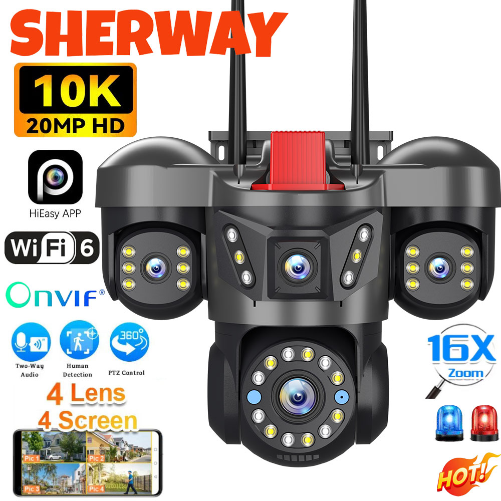 10K 20MP UHD 屋外 WiFi IP カメラ 4 レン 4 スクリーン 360° 16X ズーム PTZ セキュリティカム自動追跡 CCTV ワイヤレス監視