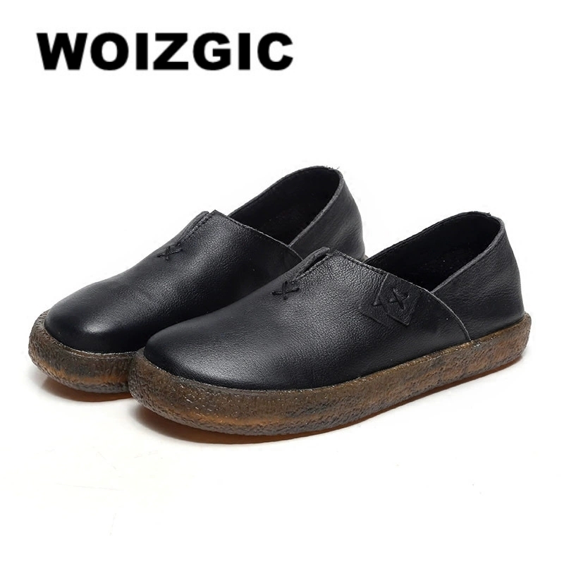 WOIZGIC 女性母女性レディースシューズフラットローファー牛本物のスリップオンレザーピッグスキンレトロスーパースター 34-41 ZDA-1021