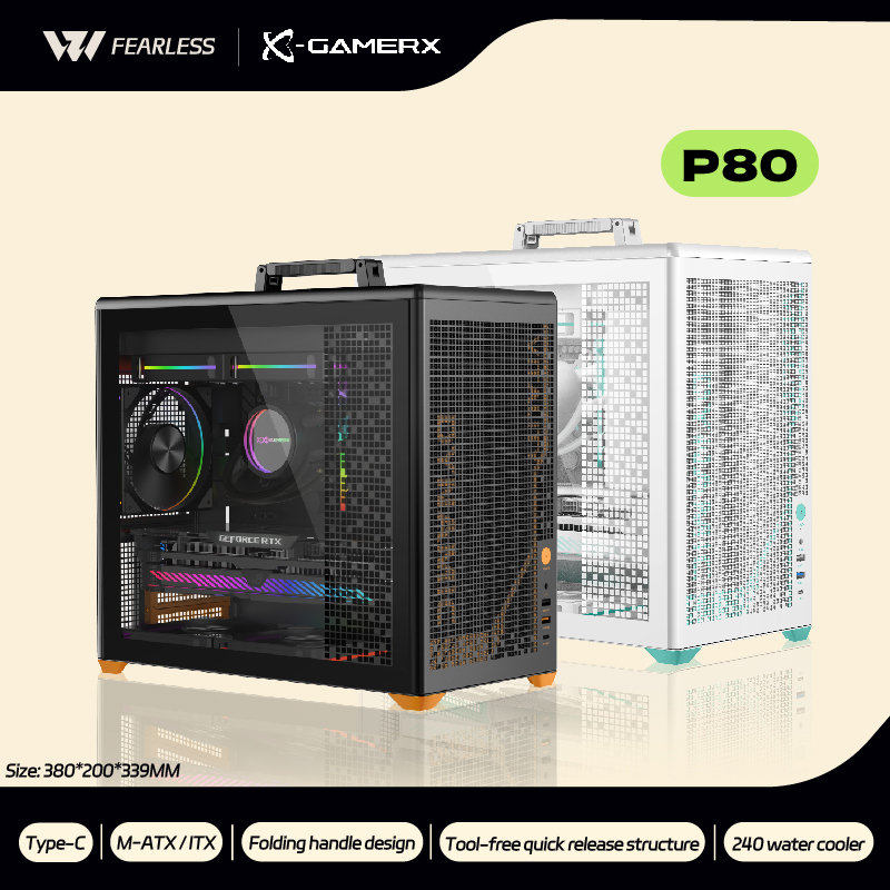 PowerTrain X-GAMERX P80 PC ケース ITX MATX 透明側 240 水冷 TYPE-C デスクトップ折りたたみハンドルポータブルコンピュータケース