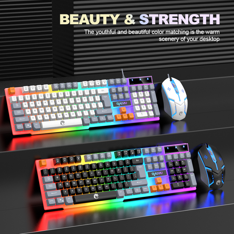 • カラフルなライト付きキーボードとマウス: Raiku T26 キーボードとマウスのセットには、さまざまなカラフルなライトが付属しています。