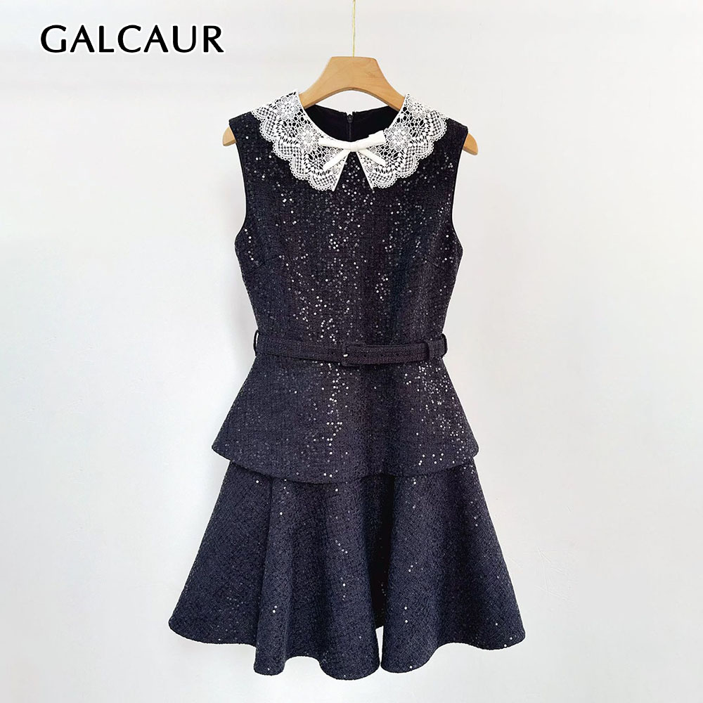 GALCAUR Spliced Sequins Dresses for Women O Neck Sleeveless High Waist Patchwork Lace A Line Mini Dress Female Fashion Clothing