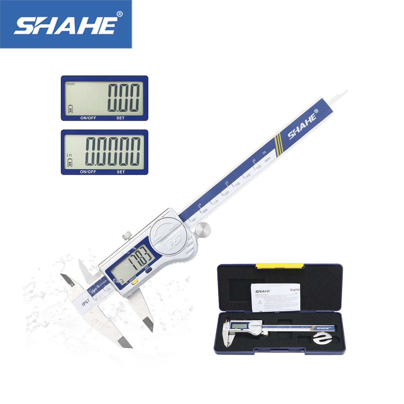 SHAHE デジタルノギス IP67 クーラント/防水/防塵、ステンレス鋼付きキャリパー測定ツール、電子ノギスマイクロメーター