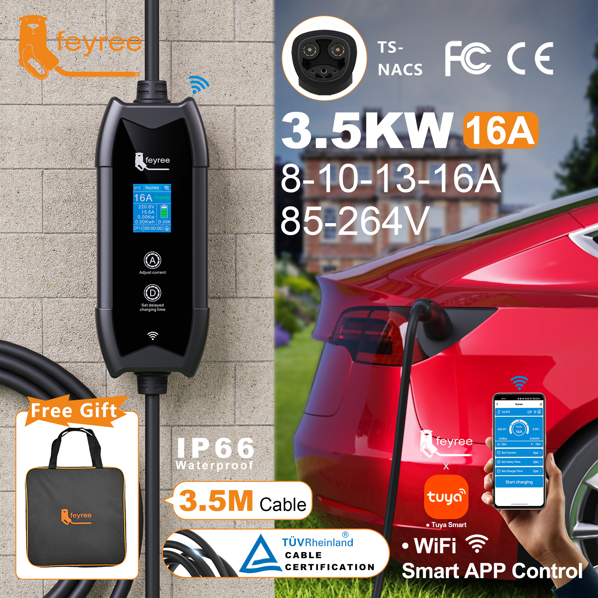 Feyree EV 充電器 TS-NACS ソケット 16A 3.5KW アプリ制御 EVSE ポータブル充電 テスラ車モデル 3/Y/S/X セット充電用