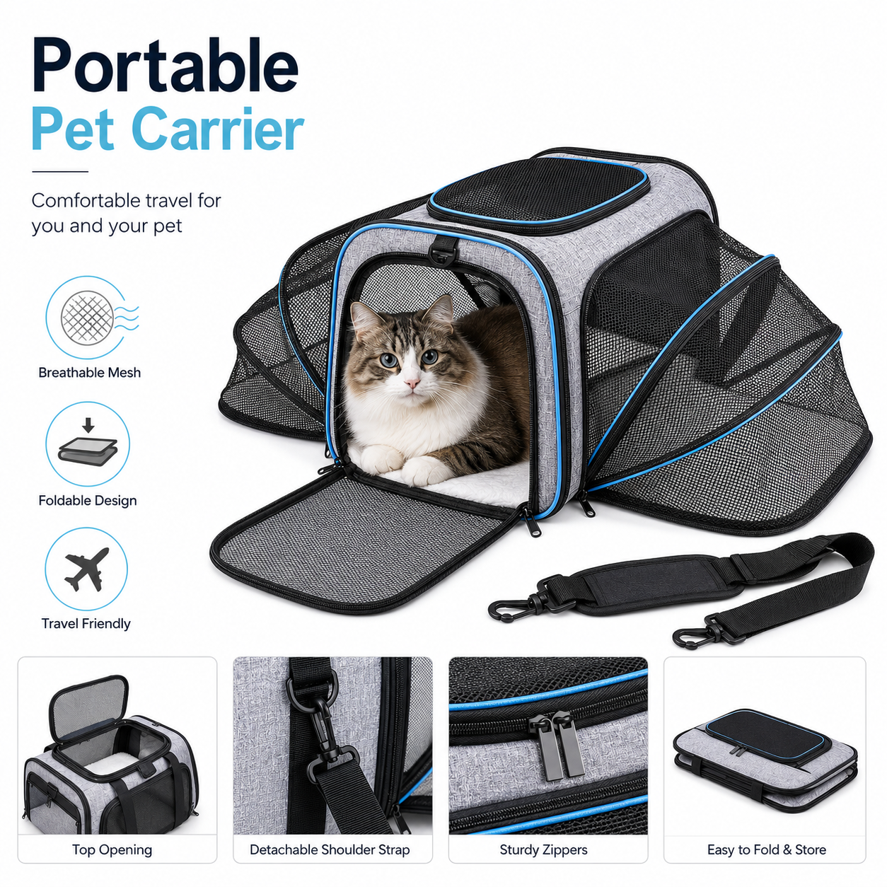 猫小型犬用の拡張可能なペットキャリアバッグ、通気性メッシュ付きの柔らかい側面のトラベルキャットキャリア、折りたたみ可能な子犬バッグ