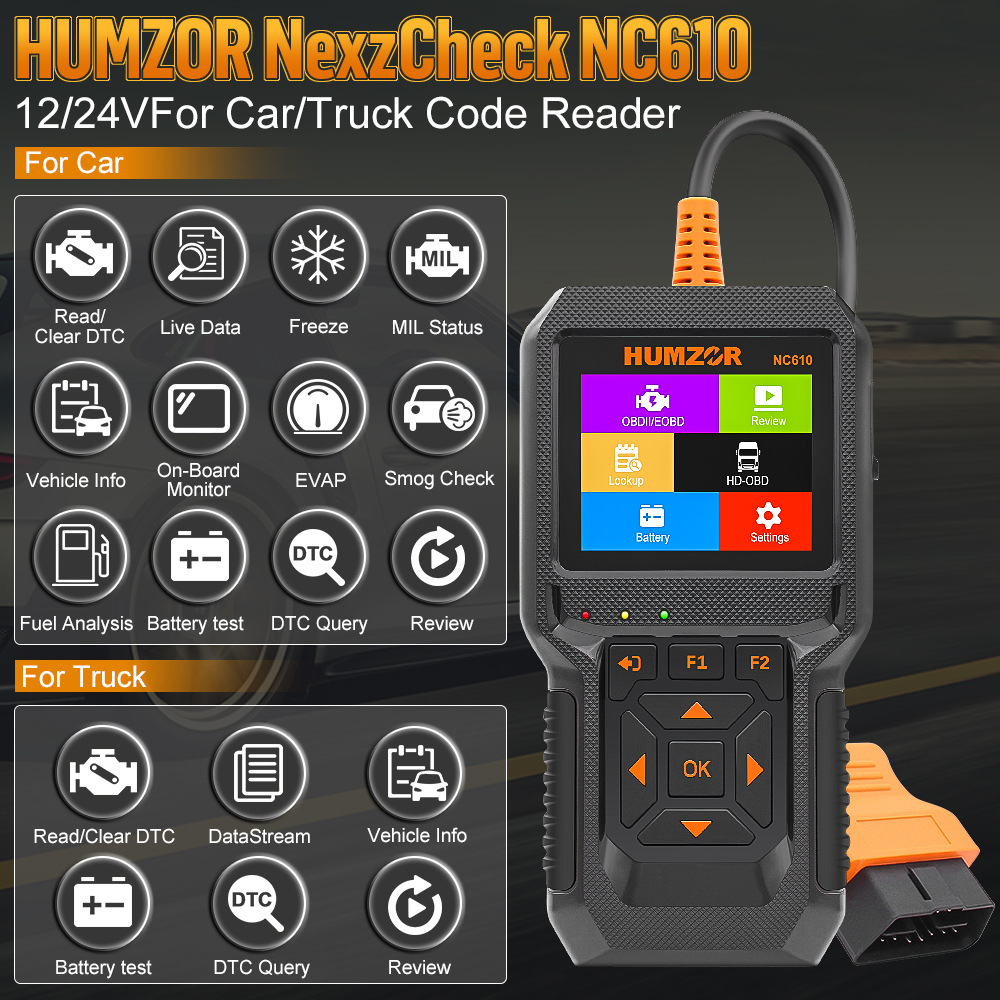 HUMZOR NC610 12 V/24 V コードリーダーライブデータ OBDII エンジン J1939 車自動車スキャナ用トラック OBD 2 OBD2 診断ツール