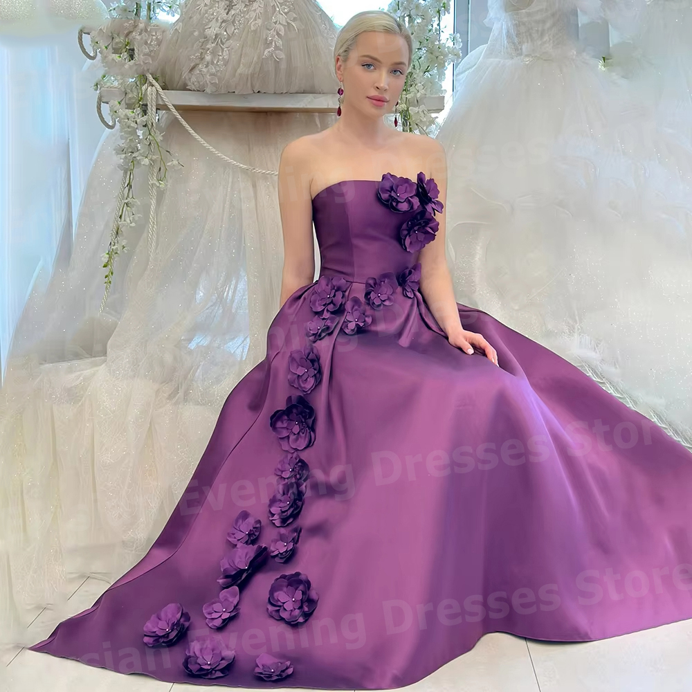 優雅な女性の A ラインストラップレスノースリーブ 3D 花のイブニングドレスカスタマイズされたローブ · ド · ソワレウエディングドレス Vestidos パラ Mujer