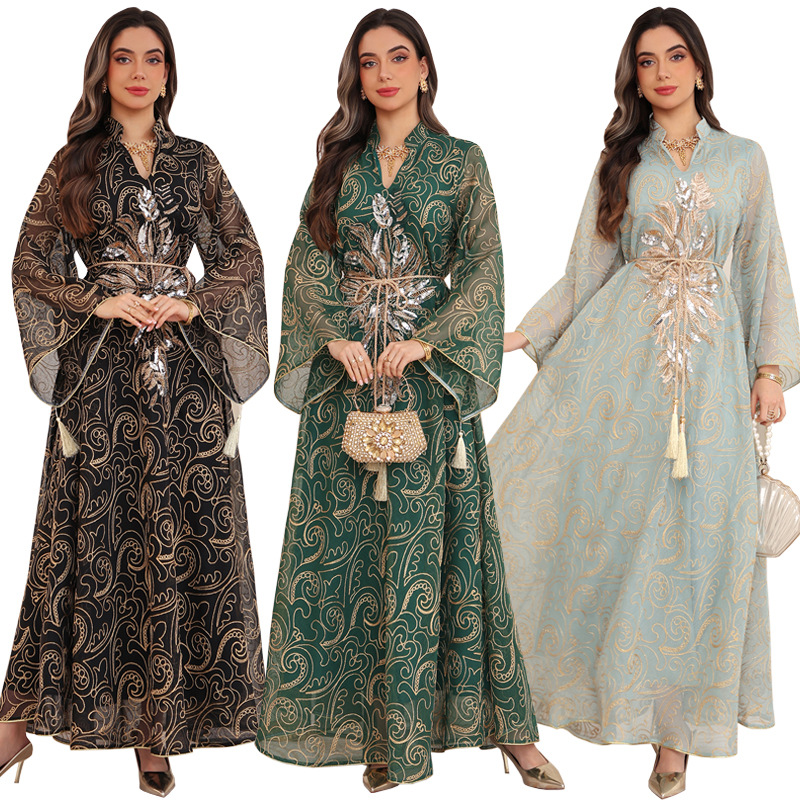 女性ミドルイスラム教徒アバヤパーティードレスプリント Vestidoes Abayas 足首丈長袖ゴージャスなパーティースタイルルーズエレガント