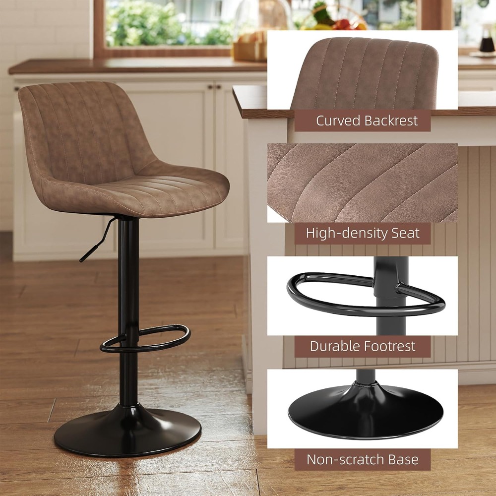 Modern PU Leather Swivel Bar Stools, Armless Adjustable Backrest For Kitchen Counter, Set Of 2, Custom