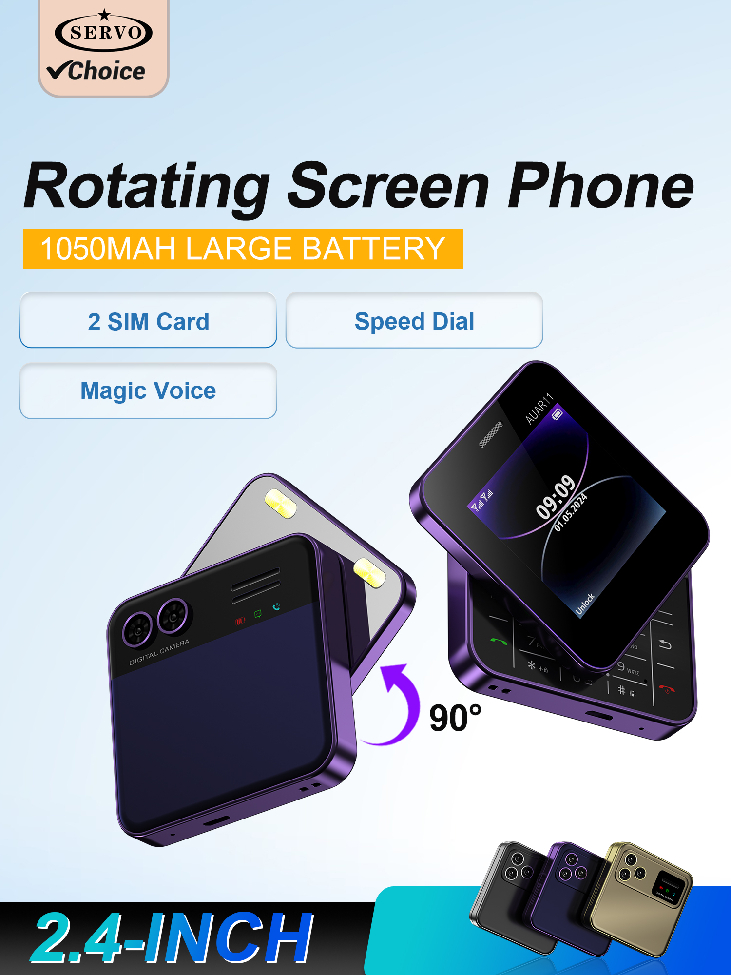サーボ 2 グラム GSM ミニ携帯電話回転画面 2.4 "ディスプレイデュアル SIM 携帯電話短縮ダイヤル FM ラジオ懐中電灯小型電話