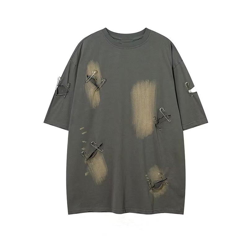 ファッション男性特大ヴィンテージリッピング穴半袖 Tシャツヒップホップ Y2K メンズ綿 100% O 襟付きカップル Techwear Tシャツ