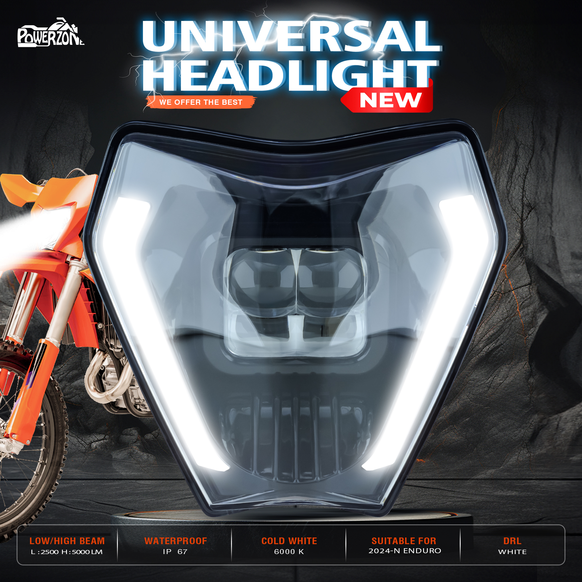 Powerzone 2024 オートバイ新 LED ヘッドライトヘッドライト KTM EXC XC SX MX 125 250 300 450 2024 2025 2026 スーパーモトヘッドランプ