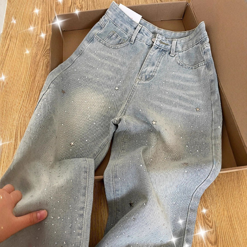 エレガントなライトブルーのビーズストレートデニムパンツ女性のためのハイウエストスリムフィットワイドレッグ長ズボン
