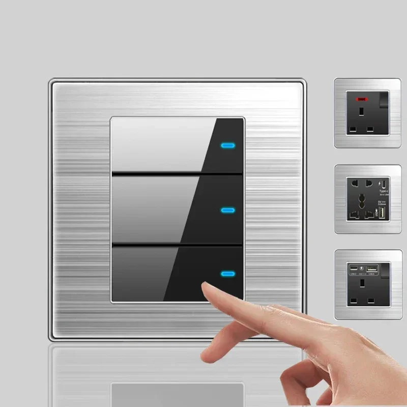 壁 LED ライトユニバーサルスイッチステンレス鋼パネル、 EU 英国 USB Type-c 18 ワット高速充電プ​​ラグソケット 1 2 3 ギャング 1 2 ウェイスイッチ
