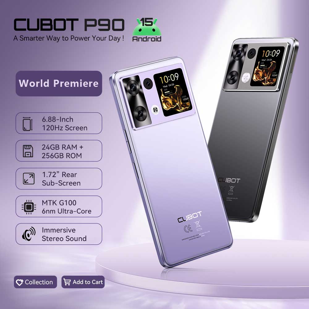 スマートフォン Android 15 Cubot P90、6.88 インチ 120Hz スクリーン、24GB RAM 256GB ROM、G100 オクタコア、2.2GHz、64MP、5100mAh、NFC、4G 電話
